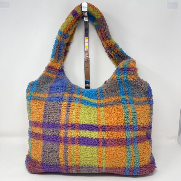 Fluffy Teddy Fur Tote Bag Orange Purple Plaid Retro‎ Shopper Orange Purple Blue - Picture 4 of 8